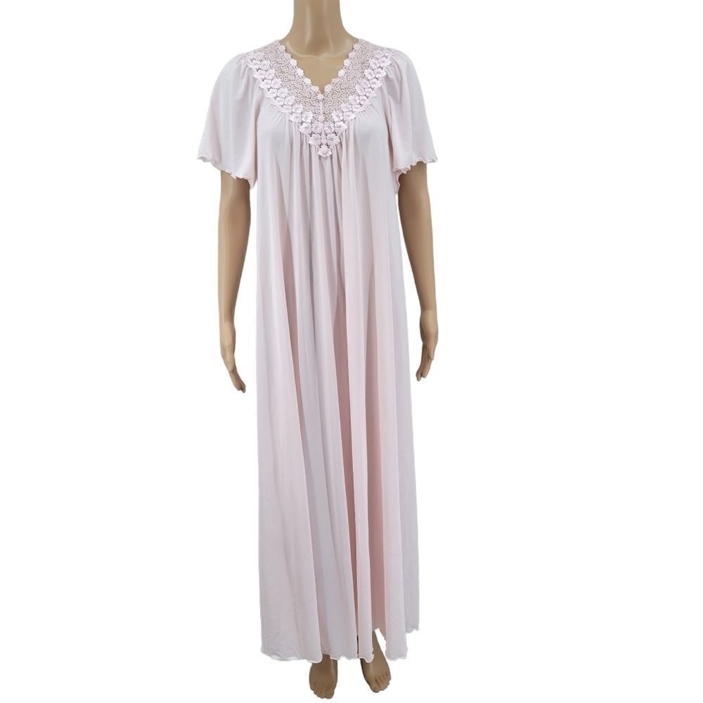 Shadowline Vintage Nylon Light Pink Maxi Nightgown with Lace Neckline